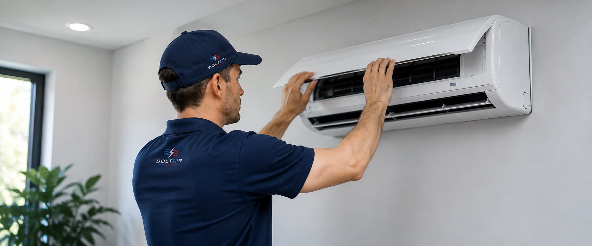 BoltAir USA technician servicing a wall-mounted air conditioner